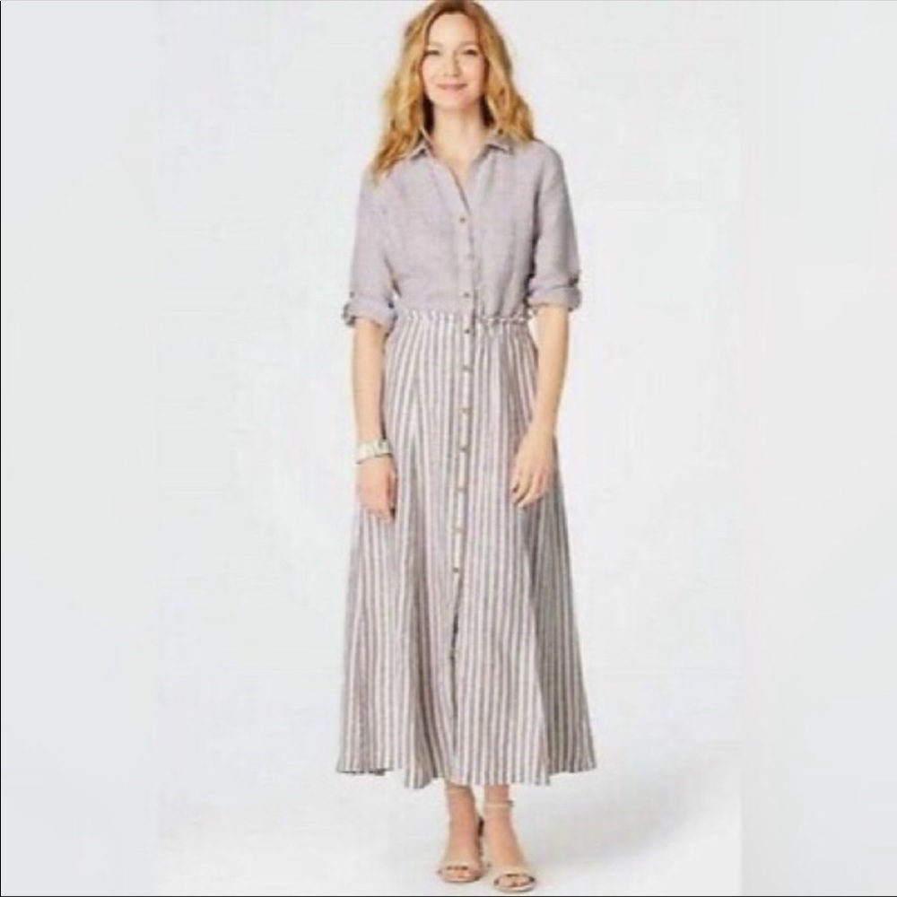 J.Jill 100% Linen Stripe Summer Lagenlook Vacation pockets Maxi Dress size XL